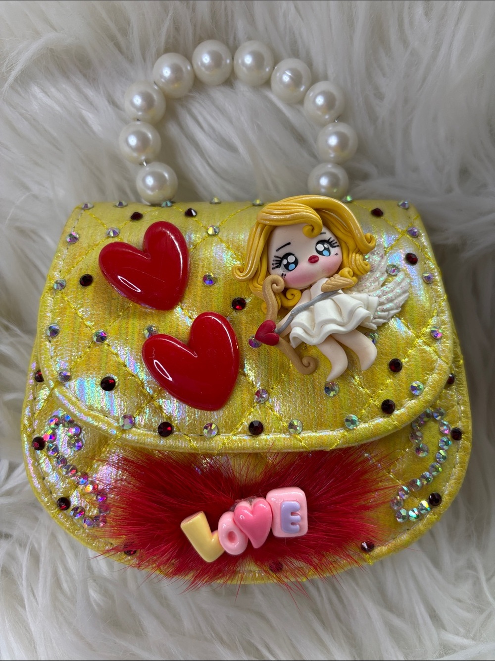 Hand Crafted Yellow Kids Heart & Cupid Pearl-Handle Purse